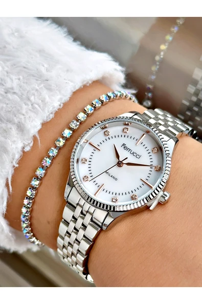 Ferrucci Gümüş Sade Klasik Model Çelik Kordon  Kadın Kol Saati + BİLEKLİK HEDİYELİ ürün görseli 1