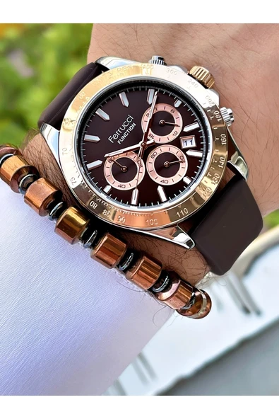 Ferrucci Kahverengi Silikon Kordon Fonksiyonlu 2 Yıl Garantili Erkek Kol Saati + Bileklik - Resim 3