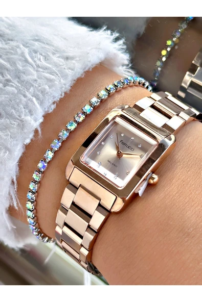 Ferrucci Rose Gold Renk Kare Sade Model  Kadın Kol Saati + BİLEKLİK ürün görseli 1