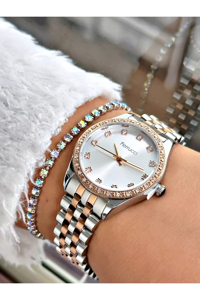 Ferrucci Rose Gold Gümüş Renk Taşlı Model Şık Tasarım Garantili Çelik Kordon Kadın Kol Saati + BİLEKLİK ürün görseli 1