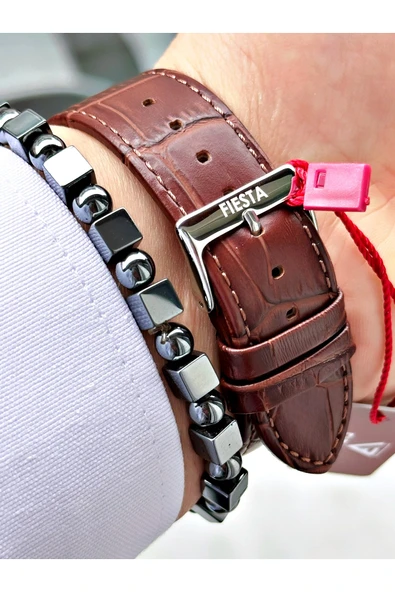 Fiesta Kahve Renk Klasik Sade Model Çelik Kasa Erkek Kol Saati + BİLEKLİK - Resim 4