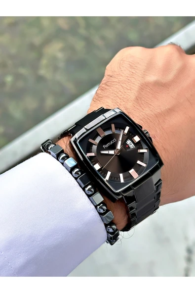 Ferrucci Siyah Renk Kare Klasik Çelik Kordon Erkek Kol Saati + BİLEKLİK - Resim 3