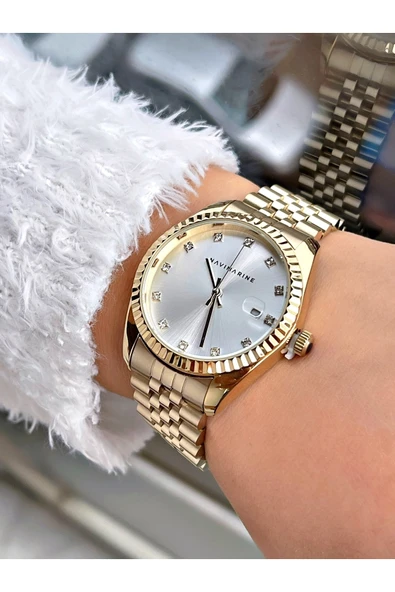 Navimarine Altın Renk Şık Tasarım Çelik Kordon Kadın Kol Saati Bileklik Hediyeli - Resim 2