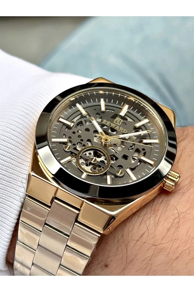 Reward Altın Renk Çelik Kordon Otomatik Business Erkek Kol Saati + Bileklik Hediyeli - Resim 4