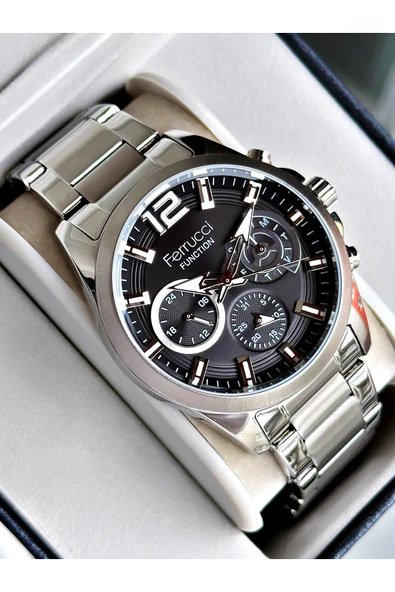 Ferrucci Gümüş Renk Fonksiyonlar Aktif Çelik Kordon Erkek Kol Saati + BİLEKLİK ürün görseli 1