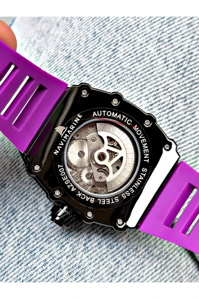 Navimarine Mor Renk Kare Spor Silikon Otomatik Business Erkek Kol Saati + BİLEKLİK HEDİYELİ - Resim 7