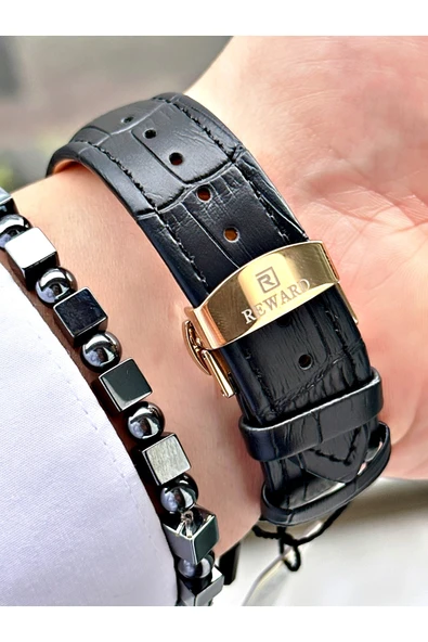 Reward Siyah Deri Kordon Pilli Orjinal Business Kilit Erkek Kol Saati + BİLEKLİK HEDİYELİ - Resim 5
