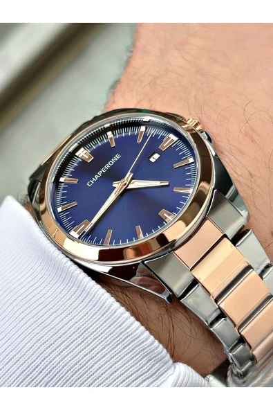 Chaperone Rose Gold Gümüş Renk Klasik Sade Model Takvimli Erkek Kol Saati Bileklik Hediyeli By Reward - Resim 4