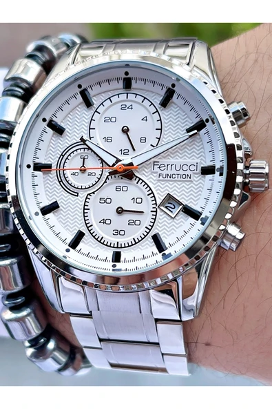 Ferrucci Gümüş Renk Silver Kadran Fonksiyonlar Aktif Erkek Kol Saati Bileklik Hediyeli - Resim 2