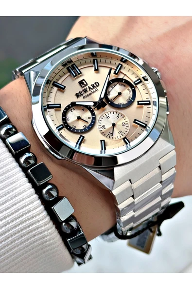Reward Gümüş Renk Fonksiyonlu Büyük Kasa Erkek Kol Saati + BİLEKLİK HEDİYELİ - Resim 3