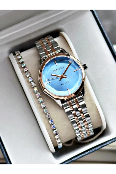 Ferrucci Rose Gold Gümüş Renk Sade Model Klasik Kadın Kol Saati + BİLEKLİK ürün görseli 1