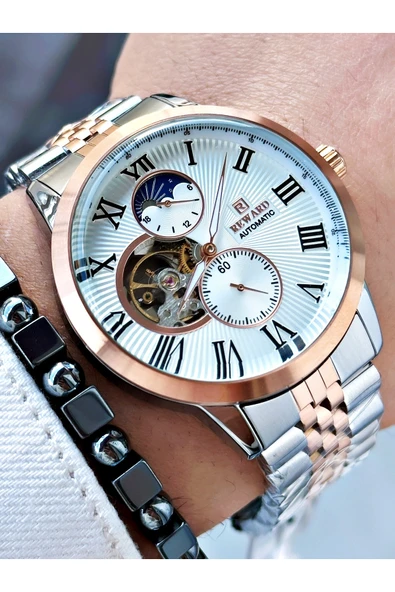 Reward Rose Gold Gümüş Renk Otomatik Mekanizma Roma Rakamlı Erkek Kol Saati + BİLEKLİK ürün görseli 1