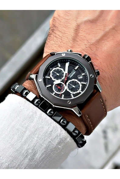 Ferrucci Kahverengi Deri Kordon Fonksiyonlu Şık Dizayn Erkek Kol Saati + BİLEKLİK HEDİYELİ - Resim 2