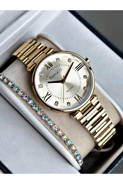Ferrucci Altın Renk Roma Rakamlı Sade Model Çelik Kordon Kadın Kol Saati + BİLEKLİK - Resim 3