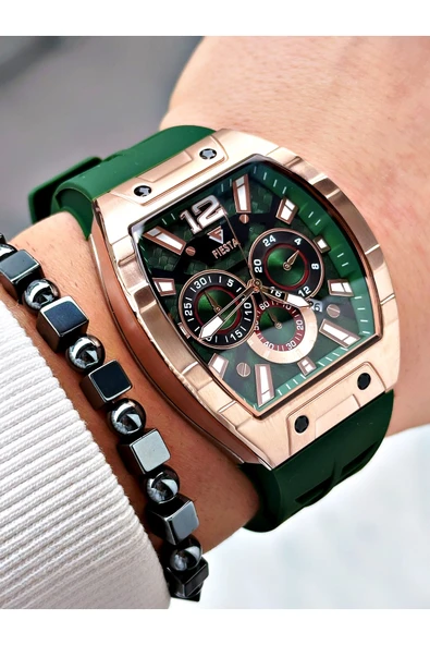 Fiesta Yeşil Renk Silikon Fonksiyonlu Çelik Kasa Business Erkek Kol Saati + BİLEKLİK ürün görseli 1