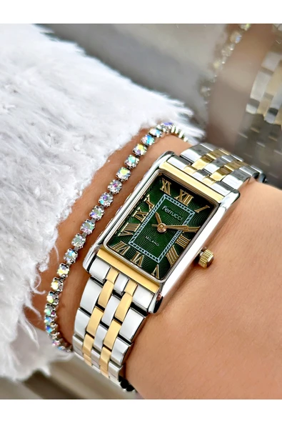 Ferrucci Altın Gümüş Renk Kare Model Roma Rakamlı Çelik Kordon Kadın Kol Saati + BİLEKLİK ürün görseli 1