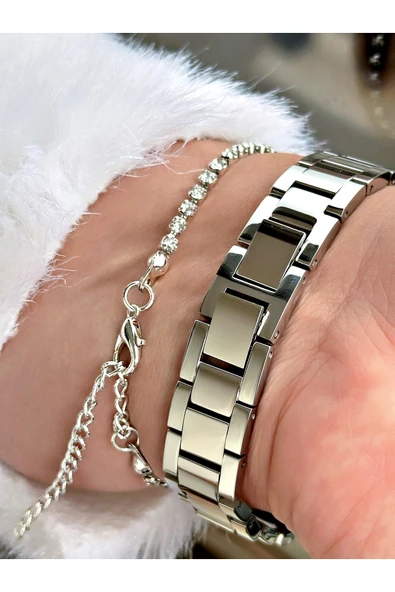 Ferrucci Gümüş Renk Zincir Model Çelik Kordon Kadın Kol Saati + BİLEKLİK HEDİYELİ - Resim 4