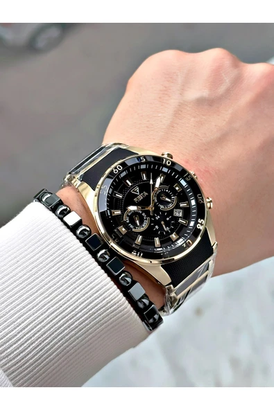 Fiesta Siyah Renk Silikon Metal Çelik Kasa Kordon Erkek Kol Saati + BİLEKLİK - Resim 6