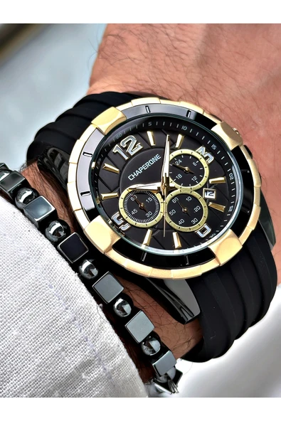 Chaperone Siyah Spor Silikon Fonksiyonlu Şık Dizayn Erkek Kol Saati + BİLEKLİK HEDİYELİ By Reward - Resim 3