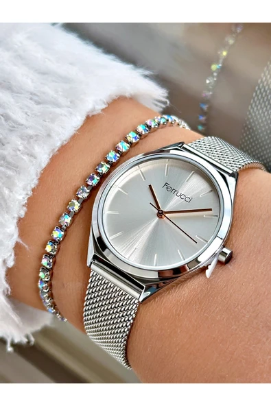 Ferrucci Gümüş Renk Klasik Hasır Sade Model Kadın Kol Saati + BİLEKLİK ürün görseli 1