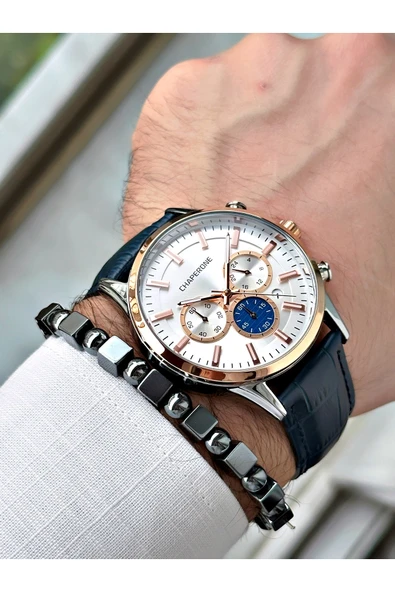 Chaperone Lacivert Renk Deri Kordon Fonksiyonlu  Erkek Kol Saati + BİLEKLİK HEDİYELİ By REWARD - Resim 2