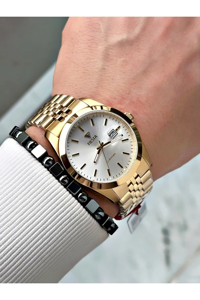 Fiesta Altın Renk Klasik Çelik Garantili Elite Erkek Kol Saati + BİLEKLİK - Resim 3