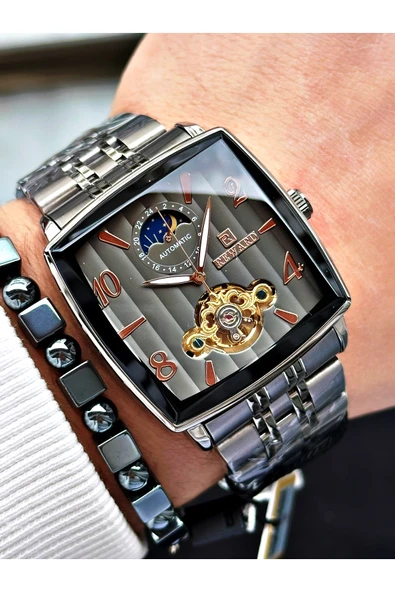 Reward Füme Renk Kare Mekanizma Otomatik Kurmalı Erkek Kol Saati + BİLEKLİK - Resim 6