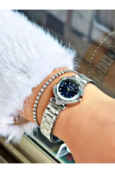 Chaperone Gümüş Renk Taşlı Model Minimal Aynalı Kadın Kol Saati + BİLEKLİK - Resim 2