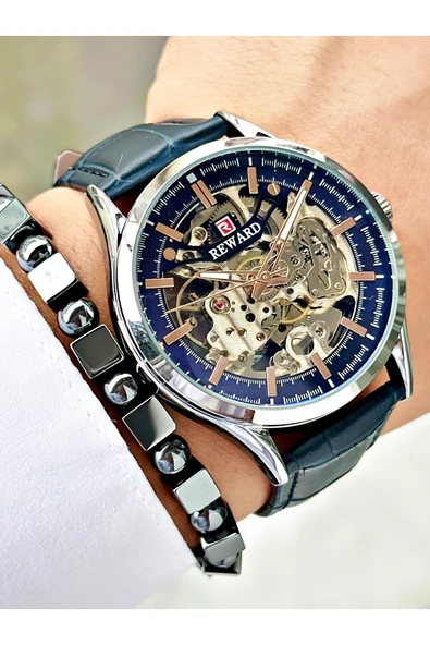 Reward Lacivert Deri Kordon Otomatik Business Erkek Kol Saati + BİLEKLİK HEDİYELİ - Resim 3