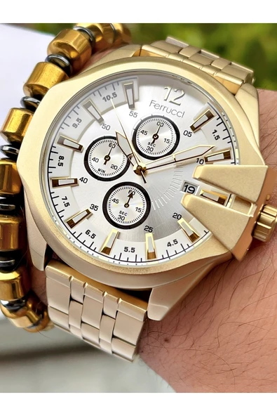 Ferrucci Altın Renk Spor Model Çelik Kordon Erkek Kol Saati + Bileklik Hediyeli - Resim 2