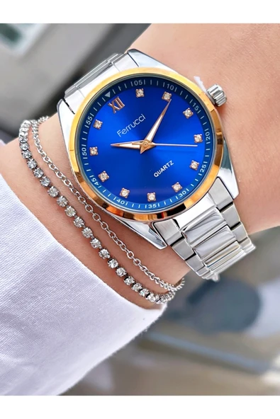 Ferrucci Gümüş Renk Mavi Kadran Sade Şık Model Kadın Kol Saati + Bileklik Hediyeli ürün görseli 1