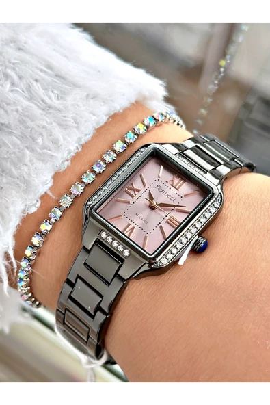 Ferrucci Füme Renk Kare Taşlı Model Roma Rakamlı Çelik Kordon Kadın Kol Saati + BİLEKLİK ürün görseli 1