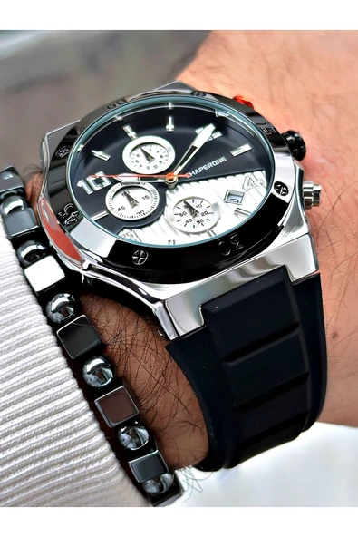 Chaperone Siyah Renk Spor Silikon Fonksiyonlar Aktif Garantili Erkek Kol Saati + BİLEKLİK By REWARD - Resim 4