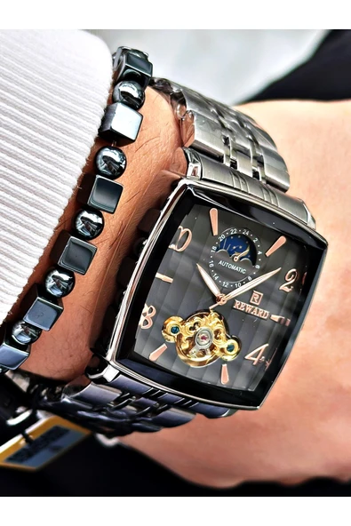 Reward Füme Renk Kare Mekanizma Otomatik Kurmalı Erkek Kol Saati + BİLEKLİK - Resim 4