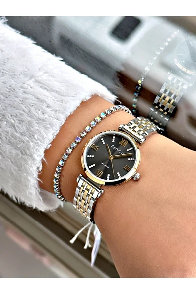 Ferrucci Altın Renk Roma Rakamlı Sade Model Çelik Kordon Kadın Kol Saati + BİLEKLİK - Resim 2