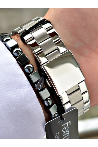 Ferrucci Gümüş Renk Fonksiyonlar Aktif Kare Model Klasik Erkek Kol Saati + BİLEKLİK - Resim 4