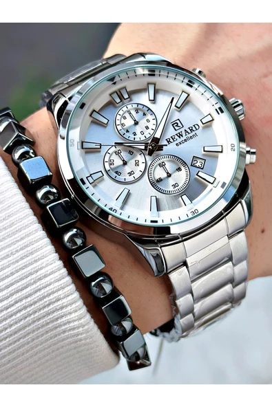 Reward Gümüş Renk Fonksiyonlu Çelik Kordon Erkek Kol Saati + BİLEKLİK HEDİYELİ - Resim 3