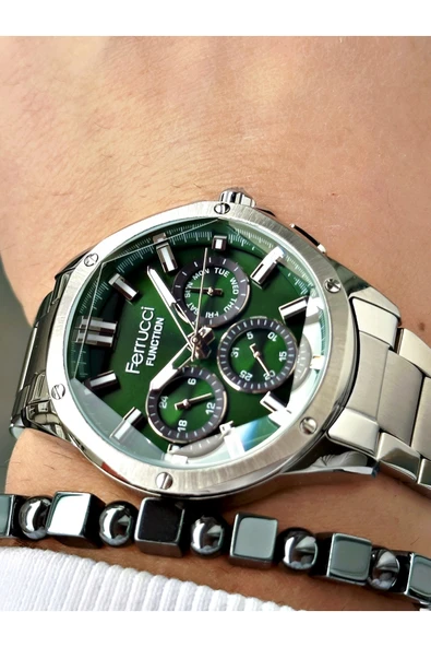 Ferrucci Siyah Renk Rose Gold Kasa Deri Kayışlı Erkek Kol Saati + Hematit Doğaltaş Bileklik Hediyeli - Resim 3