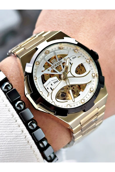 Reward Altın Renk Kabe Desen Otomatik Mekanizma Erkek Kol Saati + BİLEKLİK - Resim 3