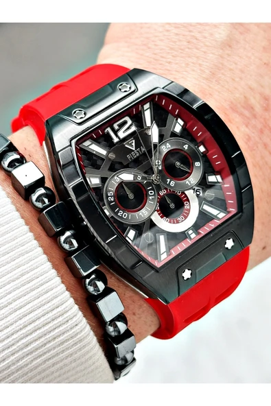 Fiesta Kırmızı Renk Silikon Fonksiyonlu Çelik Kasa Business Erkek Kol Saati + BİLEKLİK ürün görseli 1