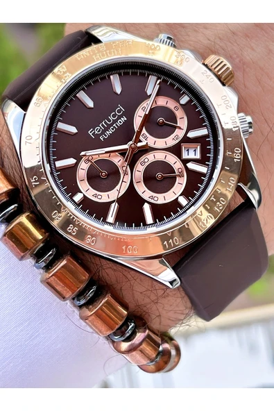 Ferrucci Kahverengi Silikon Kordon Fonksiyonlu 2 Yıl Garantili Erkek Kol Saati + Bileklik ürün görseli 1