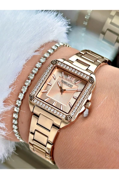 Ferrucci Rose Gold Renk Kare Model Taşlı Çelik Kordon Kadın Kol Saati + BİLEKLİK HEDİYELİ ürün görseli 1