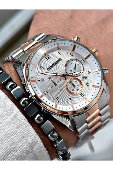 Chaperone Rose Gri Renk Fonksiyonlar Aktif Çelik Kordon  Erkek Kol Saati + BİLEKLİK HEDİYELİ By Reward - Resim 3