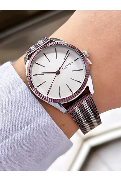 Ferrucci Bordo Gümüş Çift Renk Klasik Hasır Kadın Kol Saati - Resim 4