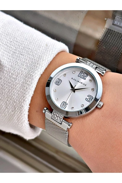 Navimarine Gümüş Renk Çelik Kordon Kadın Kol Saati Bileklik Hediyeli - Resim 2
