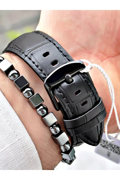 Chaperone Siyah Renk Deri Kordon Fonksiyonlu  Erkek Kol Saati + BİLEKLİK HEDİYELİ By REWARD - Resim 4
