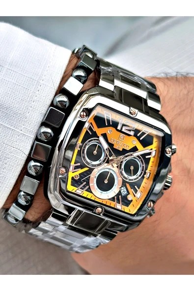 GÜMÜŞ Gümüş Renk Kare Model Çelik Kordon  Erkek Kol Saati + Bileklik - Resim 3