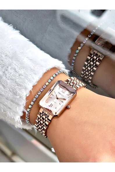 Ferrucci Rose Gold Renk Kesme Cam Şık Tasarım  Kadın Kol Saati + BİLEKLİK HEDİYELİ - Resim 2