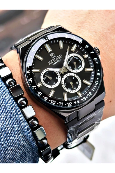 Reward Siyah Renk Aynalı Cam Fonksiyonlu Erkek Kol Saati + BİLEKLİK - Resim 3