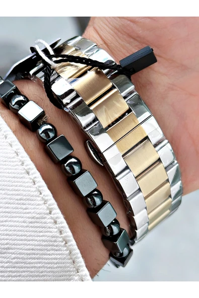 Reward Altın Gümüş Renk Otomatik İskelet Kare Model Mekanizma Erkek Kol Saati + BİLEKLİK - Resim 5